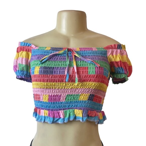 BCBGeneration Women's Multicolor Playful Stripe Smocked Crop Top Sz XS - Picture 2 of 7
